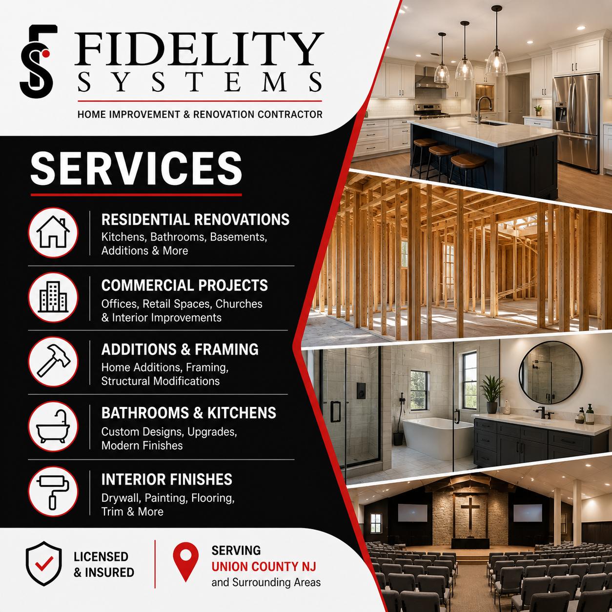 Fidelity Systems services flyer with renovation project images